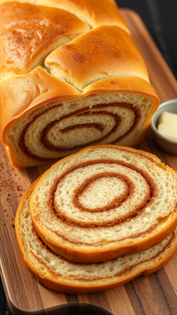 Sliced cinnamon swirl bread showing the cinnamon filling, served on a wooden board with butter.